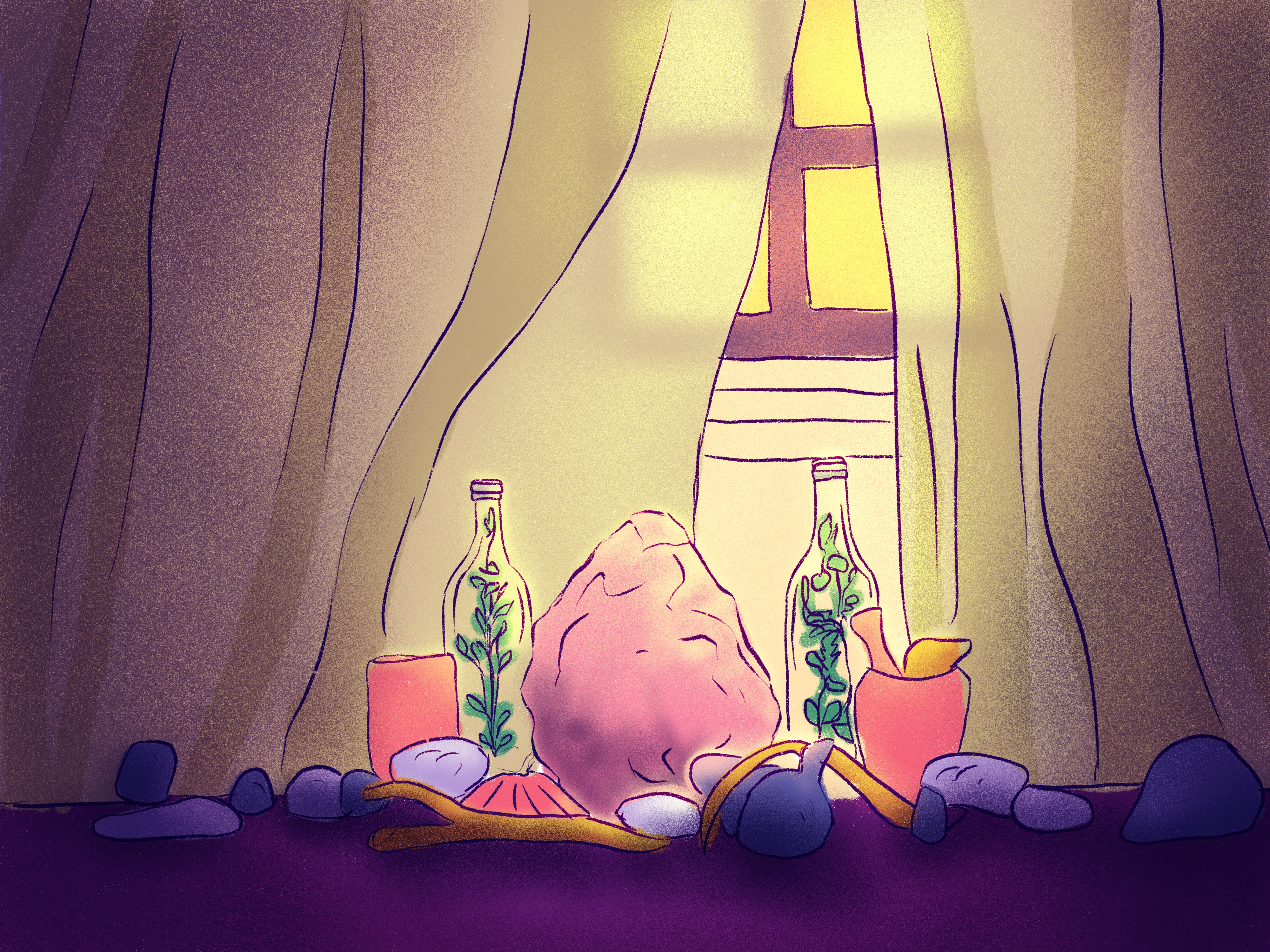 Digital Illustration of a still life featuring a salt lamp, stones, bottles with dried plants inside, and an antler. I is daylight and the warmth of the sun peeks through the window.
